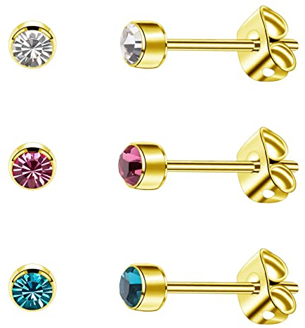 3 Paar/Satz Damen Ohrstecker Titan Mädchen Ohrringe Hypoallergen Kristall Herren Ohrringe 4 mm/5 mm Silber/Schwarz/Roségold/vergoldete Ohrringe