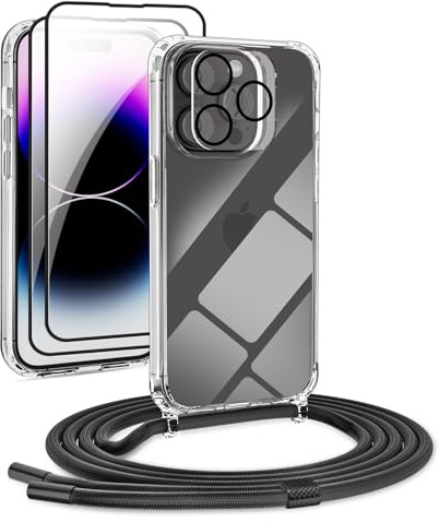DiDaDi [5 in 1 Handykette Set für iPhone 13 Pro Max Hülle mit Band+Transparent Schutzhülle+Schutzfolie+kameraschutz Glas, Abnehmbar Necklace Stylische Handyhülle zum Umhängen Kordel Case -Schwarz