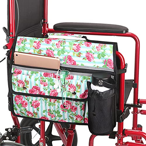 Rollstuhl-Organizer-Aufbewahrungstasche, doppelseitige Armlehnentasche mit Becherhalter und Reflektorstreifen, für Rollstühle und Gehhilfen (Weiß Geblümt)