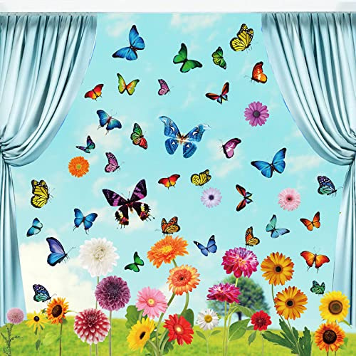 Fensterbilder Frühling Selbstklebend，Klebefolie Anti-Kollision Aufkleber Fenster Deko，Fenstersticker Schmetterling，Fenstersticker Blumen Fensterdeko für Party Zubehör (A)…