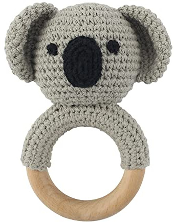 Baby Greifling Rassel Beißring,Tier Gehäkelte Babyrassel Häkeln Holz Greifling Baby Rassel Fuchs Tiger Löwe Hase Baby Montessori Babyspielzeug für Neugeborenes Baby Junge Mädchen Geschenk zur Geburt
