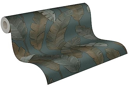 livingwalls Blätter-Vliestapete – Petrol, Grün, Braun – 10,05 x 0,53 m | Florales Blätter-Motiv als natürlicher Blickfang – matte Motivtapete, einfach zu verkleben & spurlos abziehbar