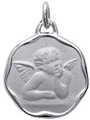 Tata Gisèle Médaille de Naissance Baptême en Argent 925/000 Rhodié - Ange Angelot - Ronde - Gravure Incluse au Verso