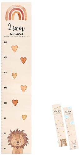 wunderwunsch® - Personalisierte Messlatte Kind Holz zum Kleben oder Aufhängen - Skala 70-140cm - Süße Dekoration für Baby- & Kleinkinderzimmer (Löwe)