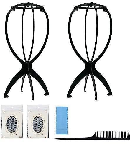 2 soportes para pelucas, 2 redecillas, 1 peine de cola puntiagudo, 1 película para peluca, soporte de plástico portátil plegable y extraíble (negro), adecuado para el uso diario