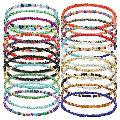 24 Pcs Böhmische Fußkettchen Armband, Handgemachte Perlen Sommer Elastischer Faden, Bunte Mehrschichtige Perlen Fußschmuck für Frauen Mädchen Damen
