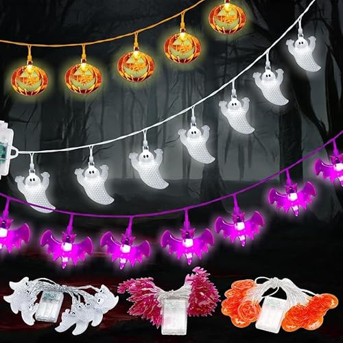 ELEUTH Halloween Deko, 3 Stück 3M 20 Led Halloween Lichter, Halloween Lichterkette mit Batteriebetrieben Kürbisse Fledermäuse Geister, 2 Modi für Außen Innen, Allerheiligen, Halloween Dekoration