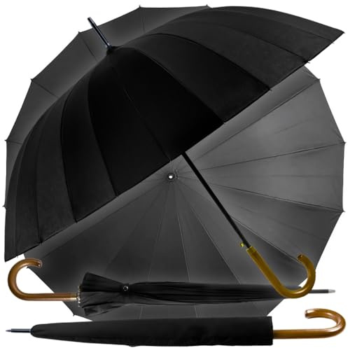 ZOLTA Regenschirm Herren Groß Stabil Automatik Premium 24 Streben mit Holzgriff Teflonbeschichtung Windfest Wasserabweisend Elegantes Design Schwarz mit Hülle Sturmsicher Aluminium Glasfaser