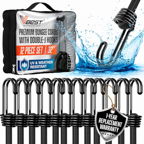 VBEST Black Bungee Cords with Hooks 32 Inch - 12 Piece Heavy Duty Bungie Cords for Outdoor Use, UV & Weather Resistant