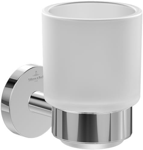 Villeroy & Boch Elements Tender - Soporte para cepillos de Dientes, Soporte de Pared para cepillos de Dientes, Vaso de Cristal Satinado con Soporte de Zinc, Redondo, Cromado