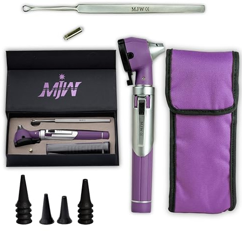 MJW Mini-Taschen-Glasfaser-Otoskop für erwachsene Kinder mit extra austauschbarem LED-Licht und Ohrenschmalz-Entfernungswerkzeug aus Edelstahl, Lila