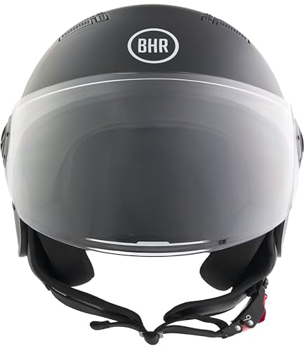 BHR Casco Demi-Jet, Casco Scooter 834 FLOW, Estivo, Nero Opaco, S | Omologato ECE 22.06, Estivo con 16 Fori di Aerazione, Visiera Antigraffio e Sgancio Micrometrico, Uomo e Donna