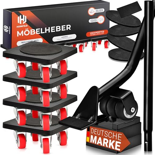 HEIMFELD® Möbelheber Set - Innovative Transporthilfe inkl. 4X Möbelroller, 1x Lastenheber & Höhenregler - Hochwertige Transportroller mit 360 Grad Rollen & 400KG Traglast - Optimaler Umzugshelfer