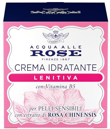 Acqua alle Rose, Crema Viso Idratante Lenitiva, con Estratto di Rosa Chinensis e Vitamina B5 Lenitiva, Ideale per le Pelli Sensibili o Secche, Nutre e Reidrata la Pelle Sensibile, 50 ml