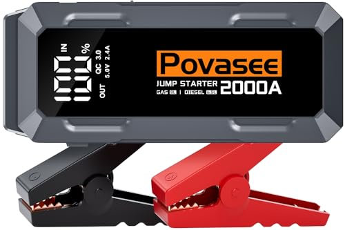 Povasee Booster Batterie Voiture, 2000A Booster Batterie (Jusqu'à 8L d'essence ou 6,5L Diesel) avec Écran 3 LCD, Booster vec Deux Sorties USB et LED, Demarreur Batterie Voiture pour Véhicules 12V