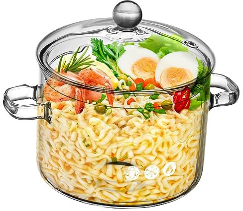 KICHOUSE Marmite à Soupe En Verre Borosilicaté 1900ml Couvercle Et Double Poignée Résistant à La Chaleur Pour Cuisson Maison Nouilles Instantanées