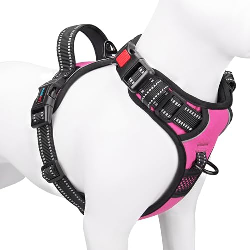 PHOEPET Hundegeschirr Grosse Hunde, Anti Zug, Einfach Anzulegen,Rosa,XL | No Pull,Verstellbar, mit Griff，3 Schnellverschluss-Schnallen,2 D-Ringe,Reflektierend,Atmungsaktive Polsterung