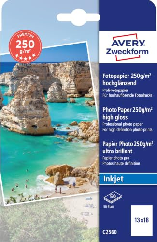 Avery Zweckform Art. C2560 Premium Inkjet Fotopapier (50 Blatt, 250 g/m², 13x18cm, hochglänzende Fotokarten, einseitig beschichtet, sofort trocken & wischfest, Fotoblätter für Inkjet-Drucker) weiß