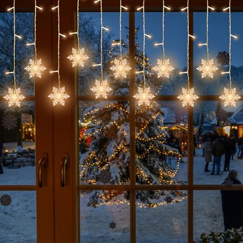 LED Lichterkette Schneeflocken 96pcs 3.5m Lichtervorhang Weihnachtsbeleuchtung Fenster innen 8 Modi Weihnachten Licht für Fenster, Balkon, Hochzeit, Garten