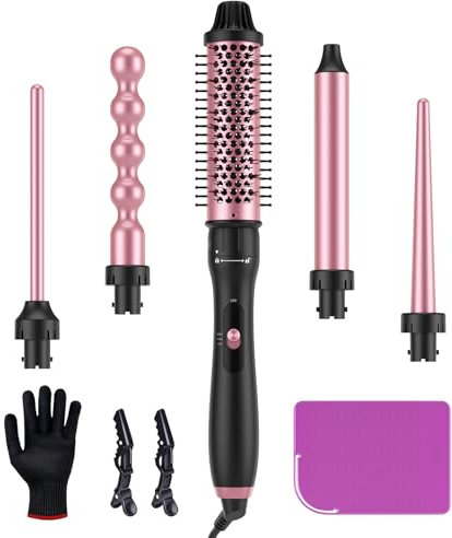 LANDOT Rizador Pelo Ondas 5 en 1 Set para Rizos de Playa y Ondas Naturales con Barras Intercambiables de Cerámica Cepillo Térmico y Estera de Silicona Resistente al Calor