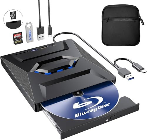 Unidad Blu Ray externa con funda, lector de escritura portátil Bluray, grabadora de CD con puerto USB 3.0 tipo C y tarjeta SD, DVD y CD-ROM +/-RW, unidades Blu-Ray externas para PC, portátil,