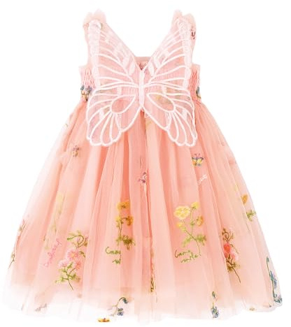 Miipat Baby flicka klänning tyll fjäril småbarn flicka prinsessa klänningar ärmlös broderi blommor bröllop fest födelsedag klänning för flickor, Orange rosa, 5-6 År