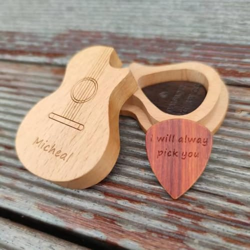 Individuelle Gitarrenplektren und Box, personalisierter Gitarrenplektrenhalter und Plektren, Holzgravur, Plektrumaufbewahrung für Geschenke (Stil 2)