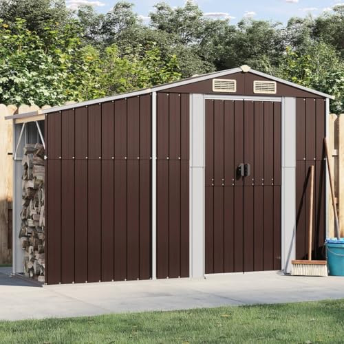 IKAYAA Caseta de Jardín Metálica 277 x 93 x 179 cm Cobertizo de Metálica Caseta Metálica para Herramientas - Taller de Jardín - Bicicleta, Almacenamiento de Herramientas Marrón