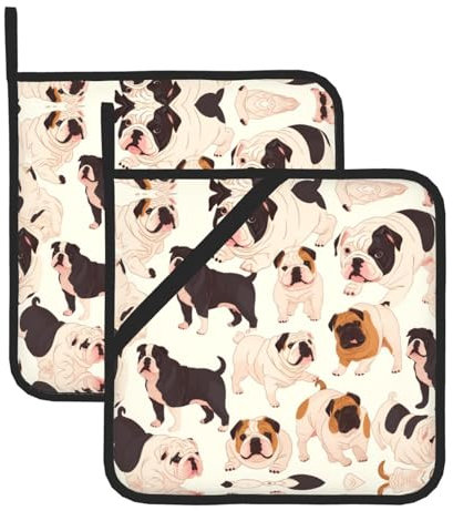 WHJYYXDE Topflappen-Set, 20,3 x 20,3 cm, langlebig, verbrühungssichere Isolierung, wasserdichter Stoff, rotes Bauernhaus-Design, englische Bulldoggen, 2 Stück