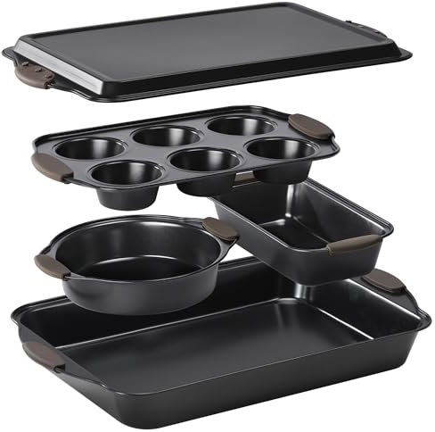 Navaris Set 5 Teglie da Forno - Stampo per Muffin Tortiera Teglia per Pizza - Stampo Rettangolare - Plumcake Pane Dolci Crostata - Rivestimento Antiaderente Manici Silicone - Nero