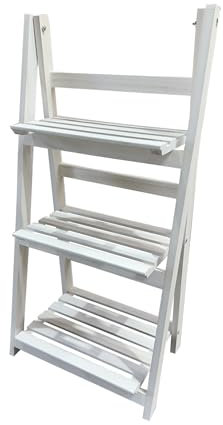 Estantería para Plantas, Interior y Balcón, Soporte Flores, Escalera Plegable de Madera Blanca (3 peldaños)