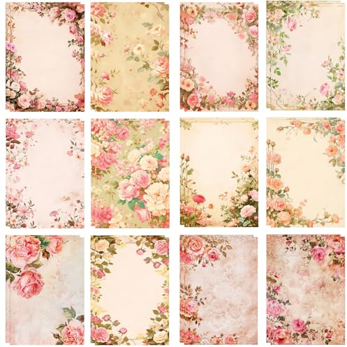 Scrapbooking-papper, 24 ark vintage Decoupage papper blomtema dekorativa kort vintage klippbok papper för gör-det-själv, gratulationskort, album, dagböcker (D, 14,5 x 10 cm)