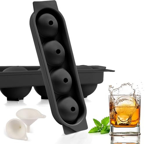Ghiaccio Stampo Silicone, 2 Pezzi 4 Rotondo Cubetti Ghiaccio con Coperchio, 4.5cm Grandi Formine Cubi Ghiaccio Silicone Ice Cube Tray per Birra Cocktail Whisky Vino Puree di Frutta Gelati - Nero