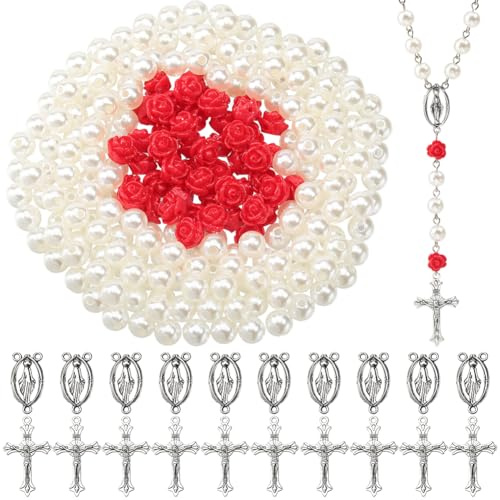 SUNNYCLUE 480 Stück Rosenkranz Bastelset Kruzifix Rosenkranz Anhänger Kruzifix Anhänger Osterkreuz Anhänger Rote Rosenblütenperle Kunstperlen Für Schmuckherstellung Zubehör Zum Selbermachen von Halske