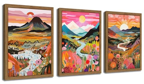 Wood Framed Boho Colorful Landscape Canvas Wall Art Set of 3 - Abstract Mountain Wall Decor Paintings, Nature Floral Poster Prints Aesthetic Home Decor for Living Room Bathroom Bedroom 12x16 inch