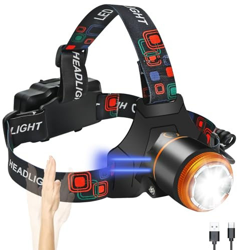 ORHOMELIFE Stirnlampe LED Wiederaufladbar 12000mAh, 90° Neigbar mit 4 Lichtmodi & Bewegungsmelder, IPX6 Wasserdicht für Joggen, Camping, Angeln, Wandern, Fahrrad.