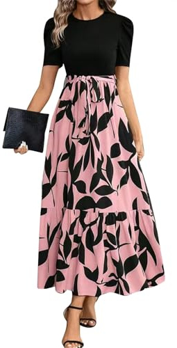 Sommerkleid Damen Lang Elegant Maxikleid Sommer Kurzarm Plissee Kleider Frauen Lässig Kleid A Linie Rüschen Patchwork Sommerkleider Leicht Und Luftig Party Strandkleid Hohe Taille Mit Gürtel