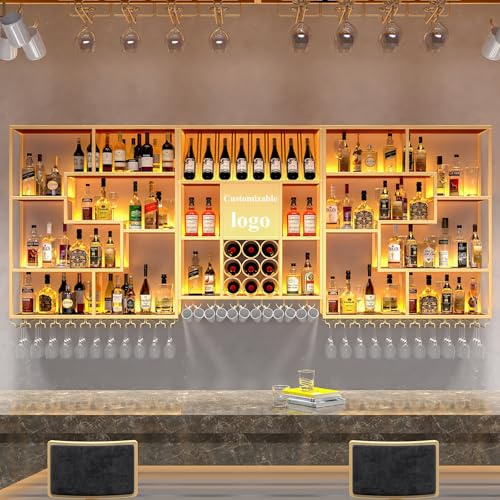 Multifunctional Wall Mounted Wine Rack Upgrade Metal Wine Rack Bar Shelves With LED Light Liquor Shelf Large Floating Bar Liquor Bottle Whiskey Display Shelf With Wine Glass Holder For Kitchen(Gold,20