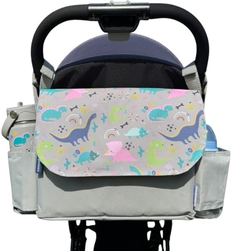 tiddlers & nippers Tiddler Universal Pram Pushchair Organiser Bag - Large Capacity Stroller & Buggy Bag with 2 Cup Holders & 2 Compartments (Dinky Dinos)