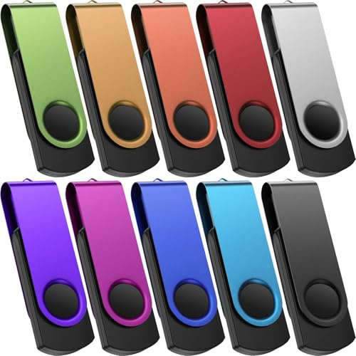 Kepmem 1GB USB Stick 10pack Swivel Design Memory Sticks USB 2.0 Multicolor USB Flash Drive Portable Metal USB Drive Key Ring Rotating Pen Drive for Data Storage and Transfer