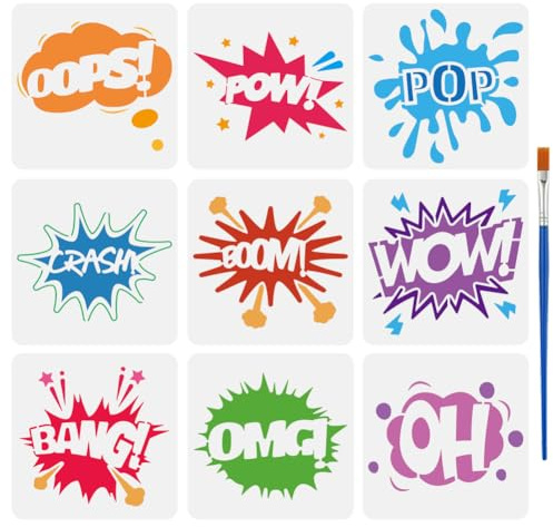 FINGERINSPIRE 9Pcs Pochoir de Peinture de Texte de Bande Dessinée Avec Pinceau 15x15cm Oops Wow Pop Crash Boom Bang Omg Oh Modèle de Dessin Étoile Foudre Avec Mots Pochoir DIY pour Bois Mur Tissu