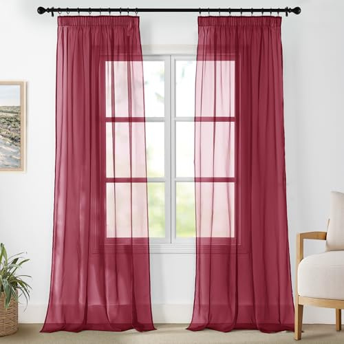 PONY DANCE Wohnzimmer Vorhänge für Schienensystem Gardinen Transparent | 2er Set, H245 x B140cm, Rot, Vorhang Durchsichtig, Voile Gardine, mit Kräuselband Röllchen, für Schlafzimmer Kinderzimmer