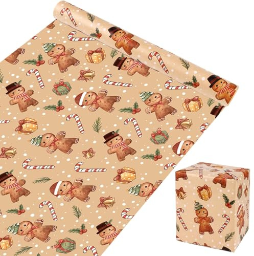 SULOLI Rotolo di Carta da Regalo Natalizia, 43 cm x 10 m, Carta Kraft con Gingerbread per Confezione Regali di Natale