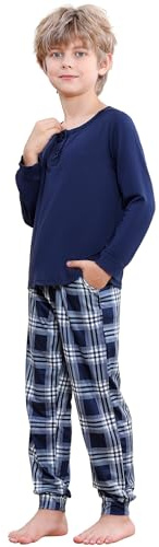 Comfyouth - Pijamas de manga larga para niños, conjuntos de pijamas tartán para niños con dos bolsillos, parte superior de manga larga + pantalones de pijama a cuadros ajustables con cordón, de 6 a 16