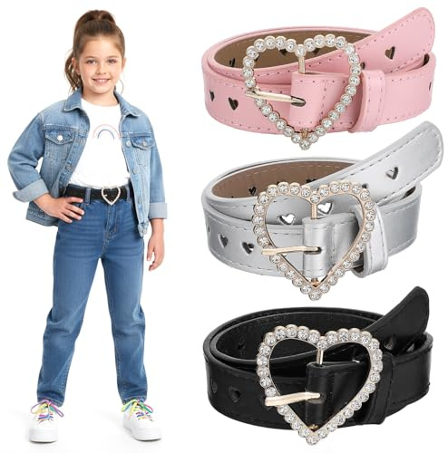 Bremorou Childrens Belts For Girls 3 Pcs Leather Waist Belt Cute Heart Shape With Metal Buckle Elastic Stretch Adjustable Waist Belt For Girls Pink White Black Adjustable 27.56