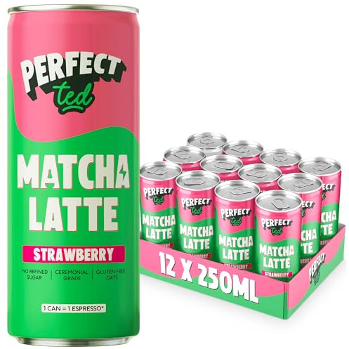 PerfectTed Matcha Latte, Qualité Cérémoniale, 12 Canettes de 250 mL, avec Avoine sans gluten | sans produits laitiers (Fraise)