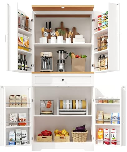 xixiworkshop Küchenbuffet Hochwertiger Küchenschrank 80x40x180cm mit 12 Türfächern & 4 Schubladen, Mehrzweckschrank, Vorratsschrank, Haushaltsschrank, Hochschrank Wohnzimmer, Weiß
