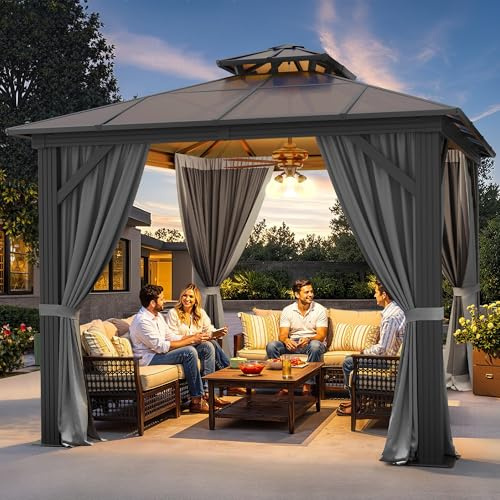 YITAHOME Pavillon,3x3 Wasserdicht Stabil Winterfest Gazebo with Double Roof | Polycarbonat Dach with Shaded Net Curtain,Aluminium-Rahmen for Backyard