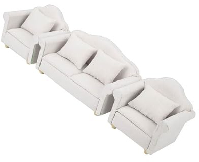 Bonbela 3-teiliges 1:12 Mini-Puppenhaus-Sofa-Set, Ungiftige Handgefertigte Holzmöbel mit Kariertem Kissen, für Wohnzimmer, Schlafzimmer, Puppenhaus-Dekoration (Weiß)