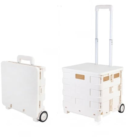 Carrello per la spesa pieghevole, grande, 65 l, portatile, con coperchio, per lavanderia, sport e artigianato, resistente carrello a due ruote (bianco)